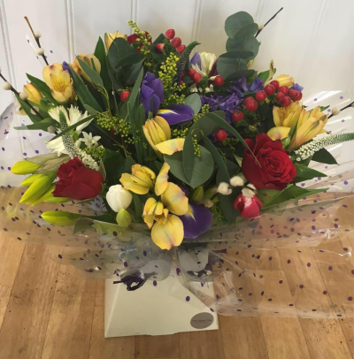 Cool for the Summer - Flower presented in an aqua box in red, purples, whites yellows with greenery.