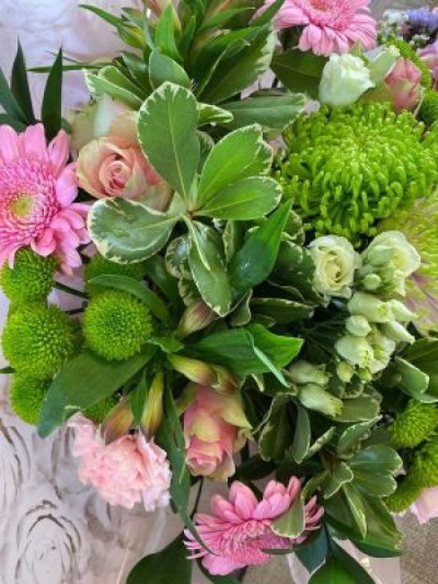 Seasonal Bouquet - A seasonal bouquet of fresh cut flowers in pinks and limes. Same day delivery if ordered before 2pm. Hand delivered by The Topiary Tree in Malton